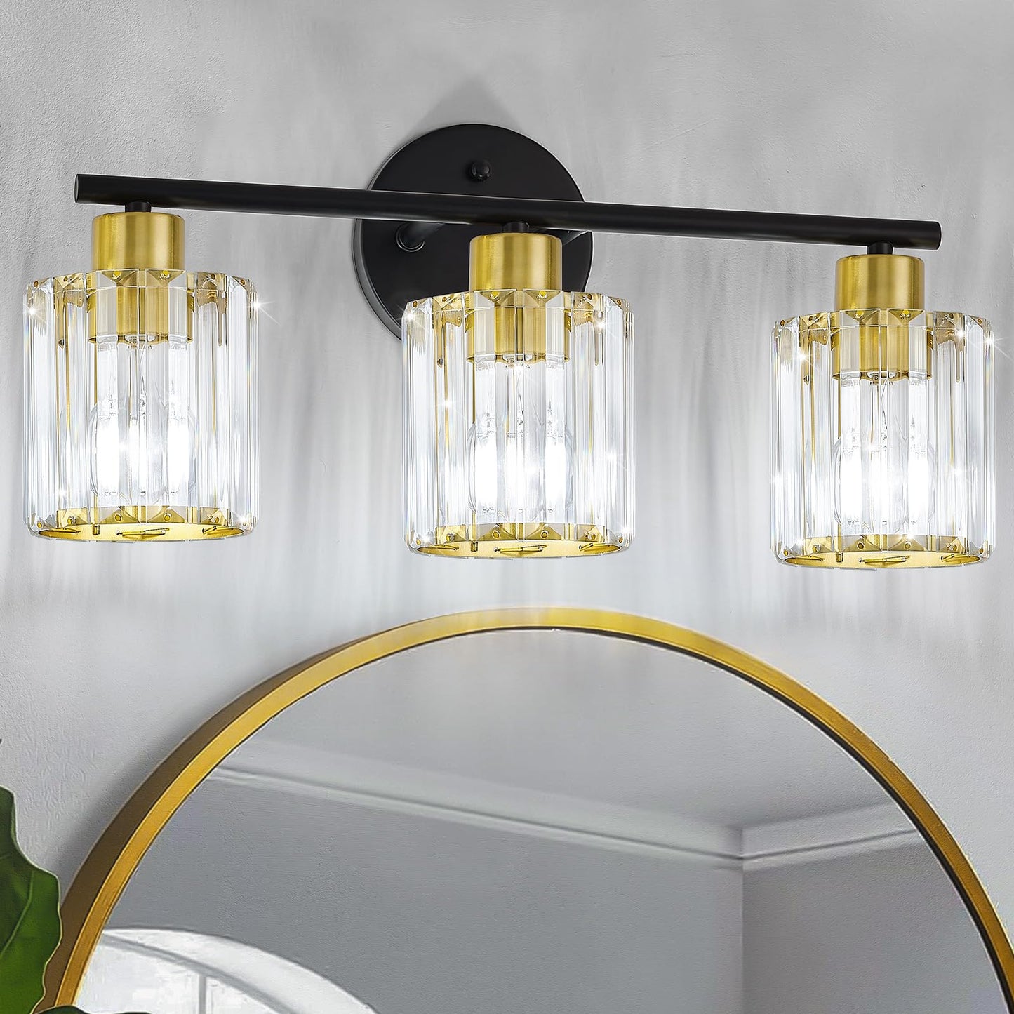 Kvhiiw Crystal Bathroom Light Fixtures, Bathroom Lighting Fixtures Over Mirror, Modern Black Gold 3-Light Vanity Lights for Mirr