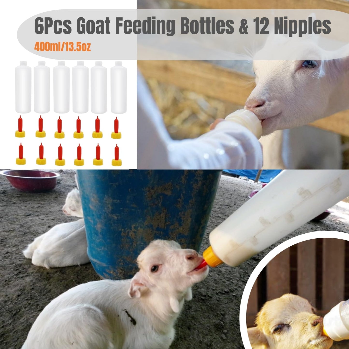 6Pcs Goat Feeding Bottles 400 ml/13.5 oz and 12 Nipples, Lamb and Kid Bottle, Livestock Baby Bottle for Sheep,Lamb,Calf and Other Mammal Feeding Bottles