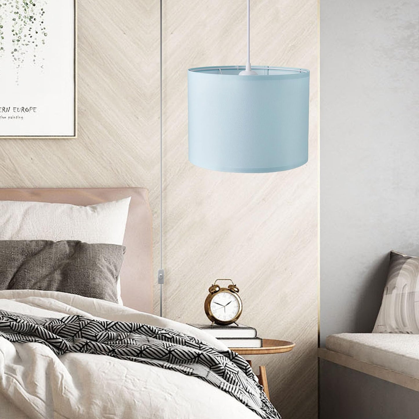 KUAUGST Plug in Pendant Light, 15 FT Hanging Lamp with Fabric Shade, Blue, Metal, Model: Plug in Pendant Light-05