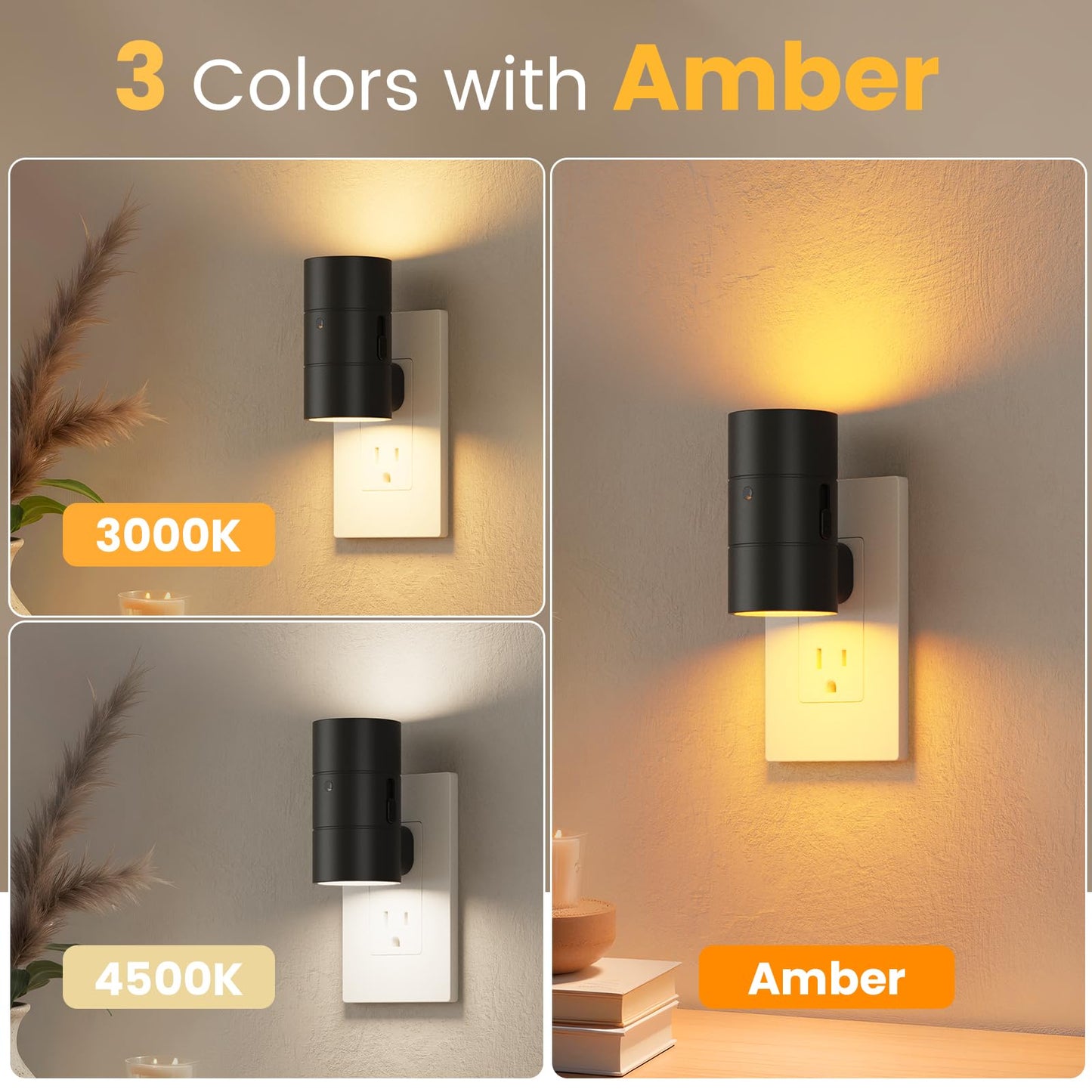 VOLISUN Night Light, Dimmable LED Plug-in, 0-100LM Brightness, Amber/3000K/4500K, 4 Pack, Black, Model XYD001