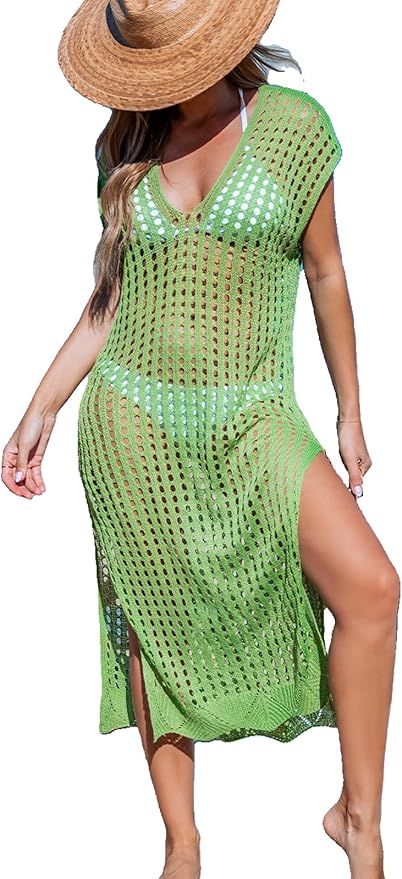 CUPSHE Crochet Cover Ups for Swimwear Women Cap Sleeve Hollow Out Swim Coverup Beach Midi Dress Spring Green, L