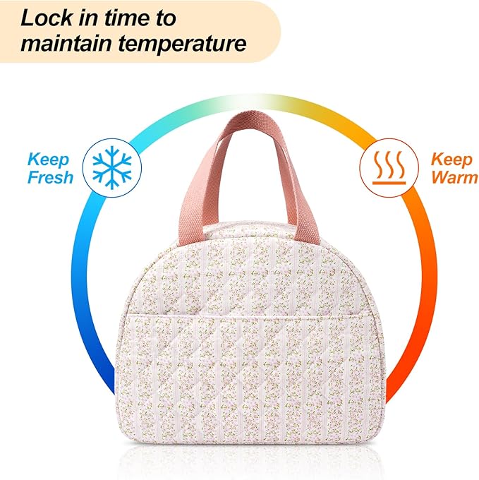 Lunch Box for Women,Cute Quilted Lunch Tote Bag,Reusable Insulated Lunch Box,Large Capacity Cooler Bag with Compartments for Work, Picnics or Travelling