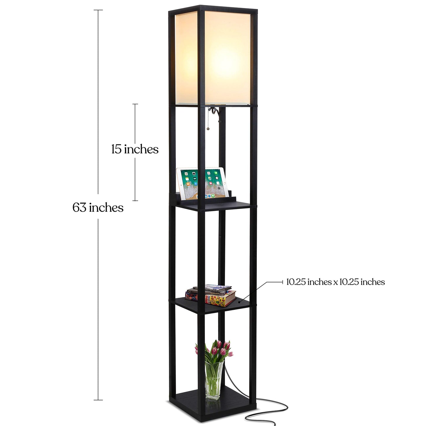 Brightech Maxwell Modern Shelf Floor Lamp with USB Ports, Wireless Charging, Black
