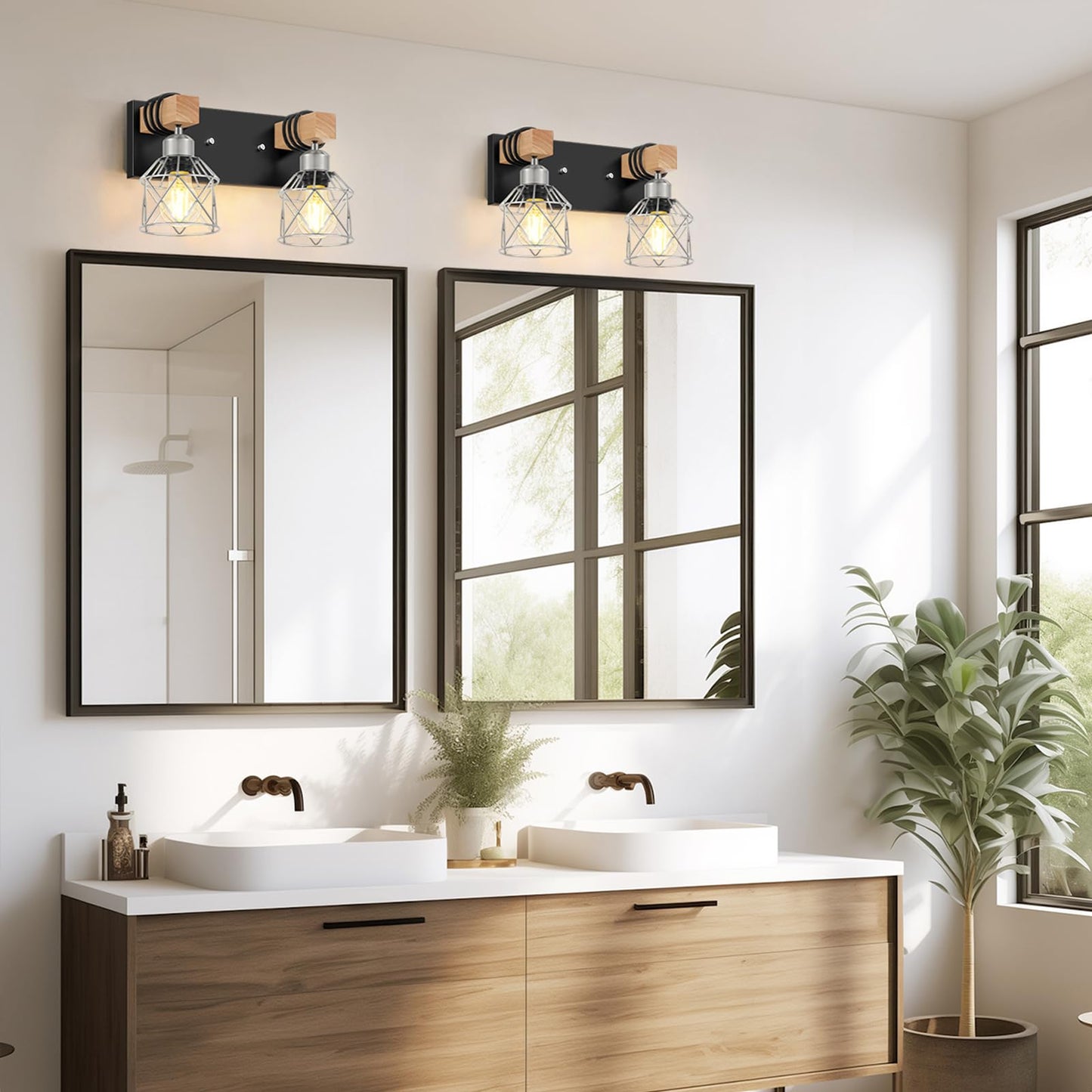 Fadimikoo Farmhouse Bathroom Light Fixtures  Rustic 2-Light Wood Vanity Lights For Bathroom  Industrial Black Silver Wall Lighting With Metal Shade For Bedroom  Living Room  Hallway