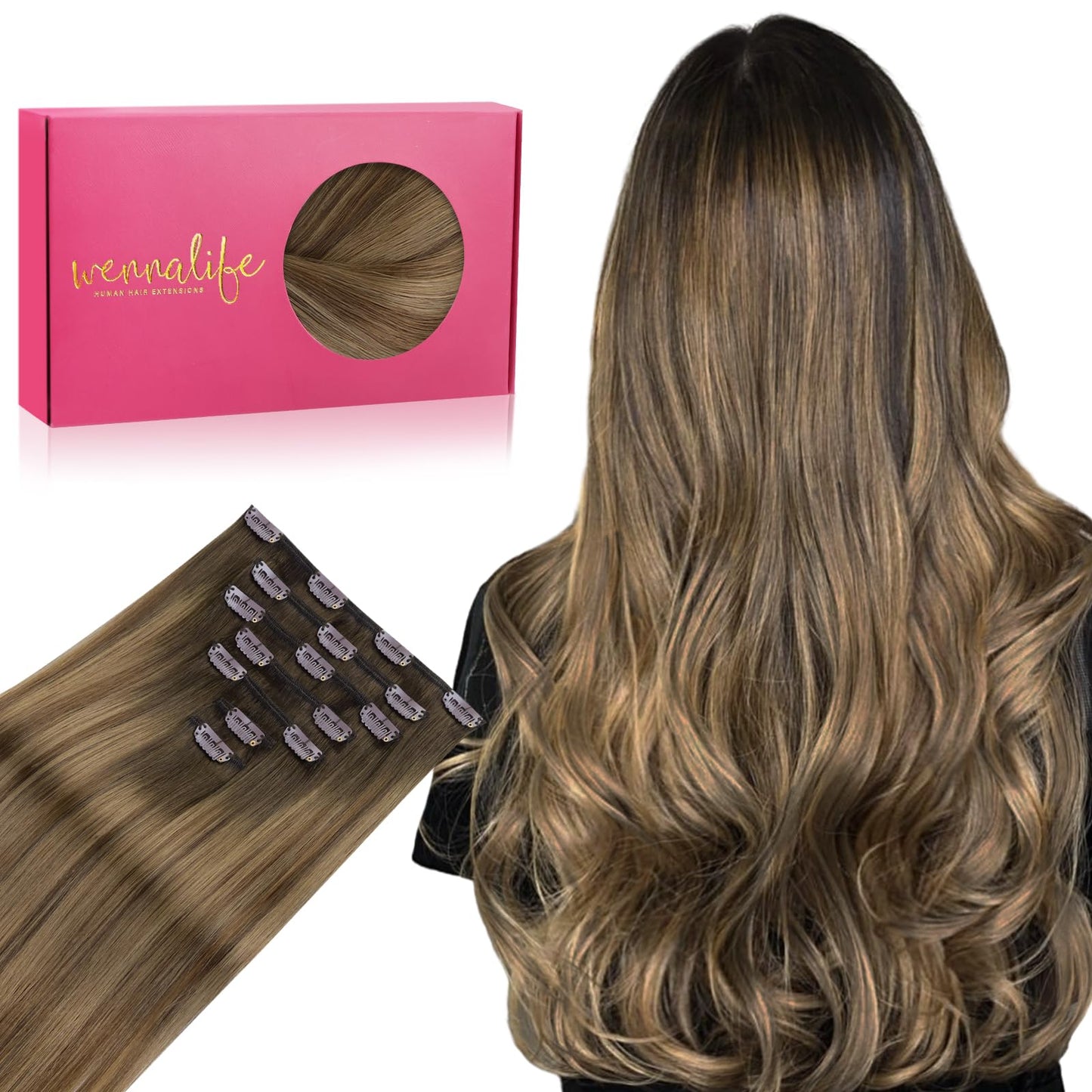 WENNALIFE Clip in Hair Extensions Real Human Hair, 14 Inch 120g 7pcs Human Hair Extensions Clip In Human Hair, Light Ash Brown t