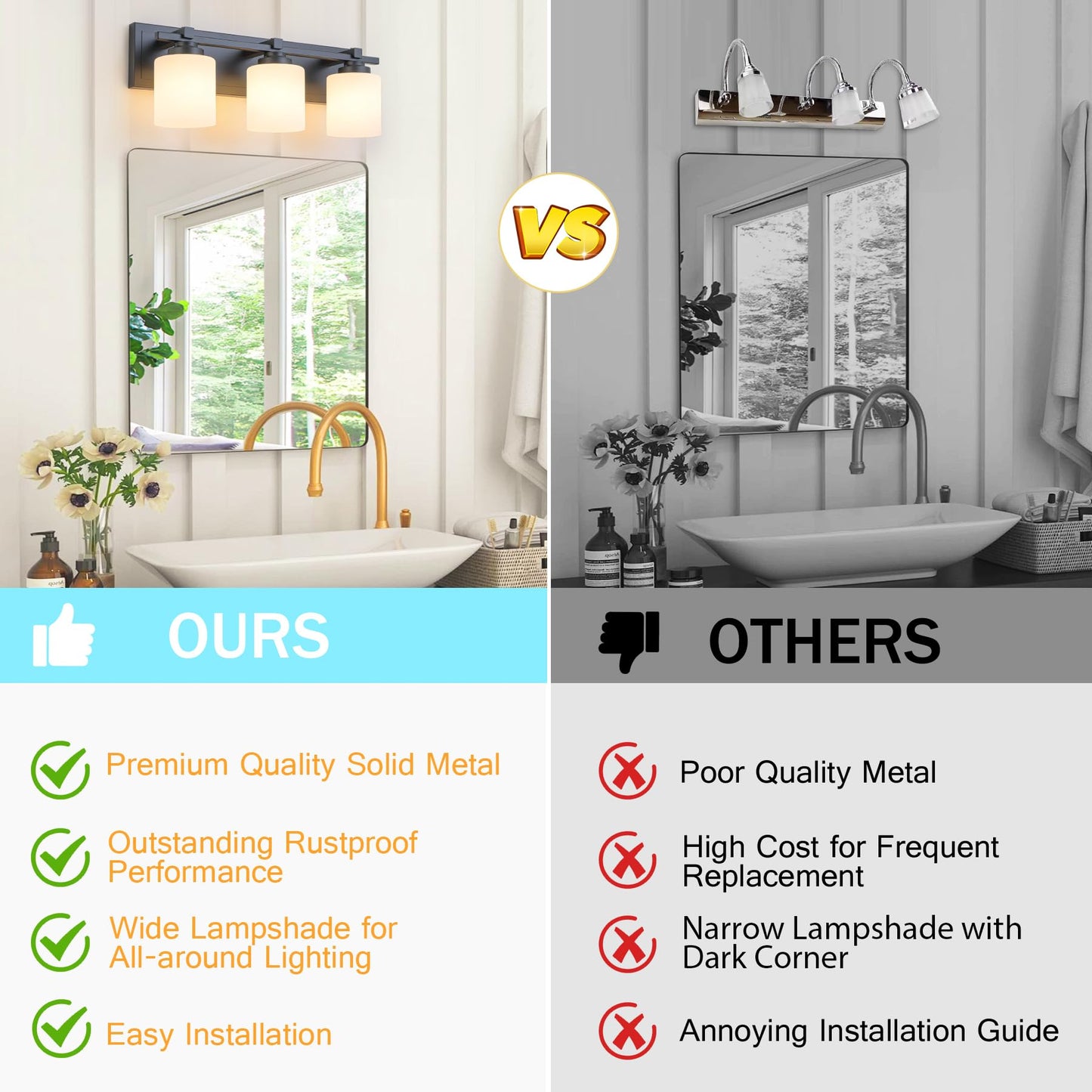 BrkNit 3 Light Modern Bathroom Light Fixtures Over Mirror, Black Vanity Lights for Bathroom Wall Sconces with Milky White Glass Shades, E26 Socket (Bulbs Not Included)