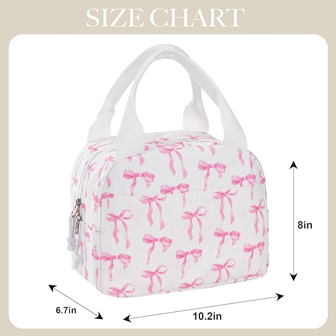 Lunch Bag for Women Ribbon Bow Insulated Lunch Box Reusable Cooler Bag Portable Cute Corduroy Leakproof Tote Bags for Travel, Work, and Picnic
