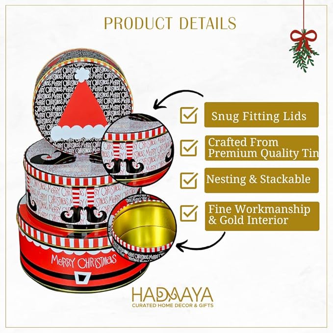 Pack of 3 Round Metal Nesting Tins – Stackable Storage Containers with Lids for Kids' Cookies, Candy, Snacks, Crafts & Kitchen – Fun Xmas Elf Hat Design