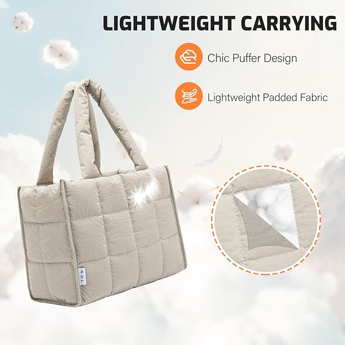 NOL Natural Organic Lifestyle Women's Nylon Lunch Cooler Quilted Tote Bag Puffy Insulated Lunch Bag for Women, Lightweight Waterproof Lunch Box for Work, Picnic, Outdoors,Khaki