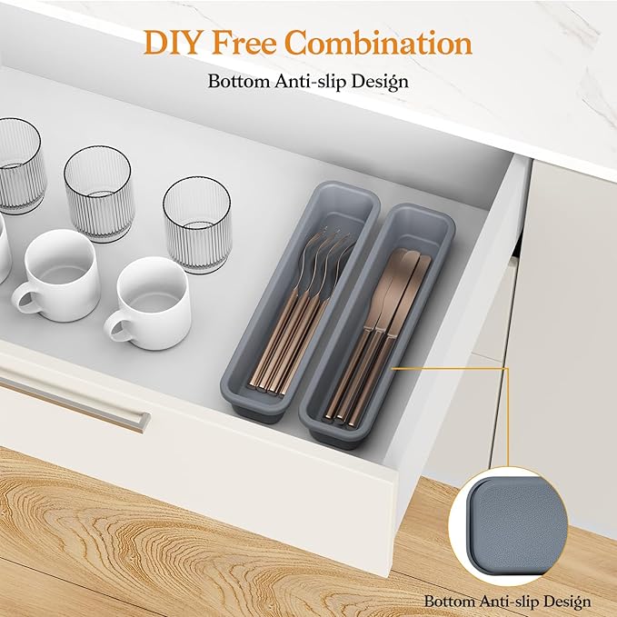 2 Pack Silicone Silverware Organizer, DIY Free Combination Utensil Drawer Organizer, Silverware Drawer Organizer, Flatware Cutlery Tray for Spoons Forks. Anti-slip and Environmentally Design (Grey)