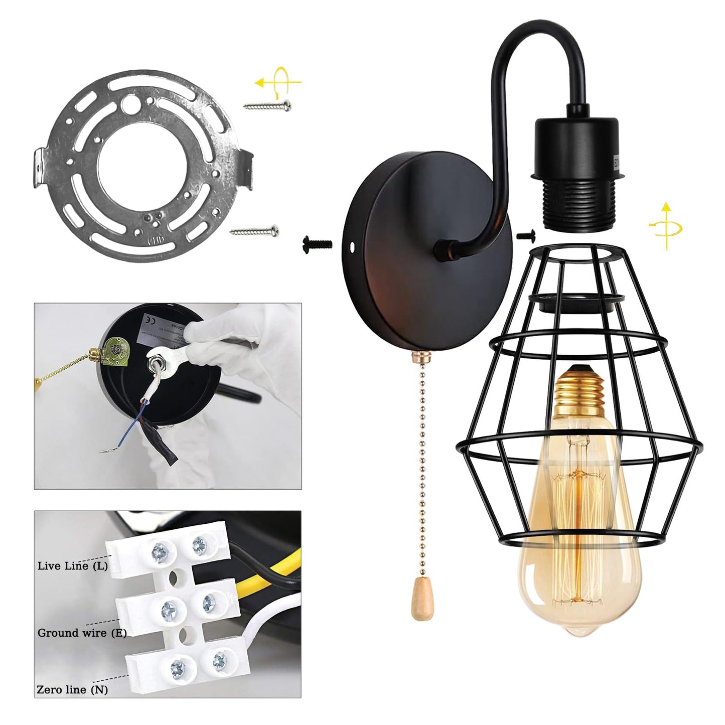 Dtiedy Wire Cage Wall Sconce With Pull Chain 2Pack  Hardwire Wall Lights With On Off Switch  Metal Wall Mount Light Fixture Indoor E26 Vintage Black Wall Lighting For Living Room  Bedroom