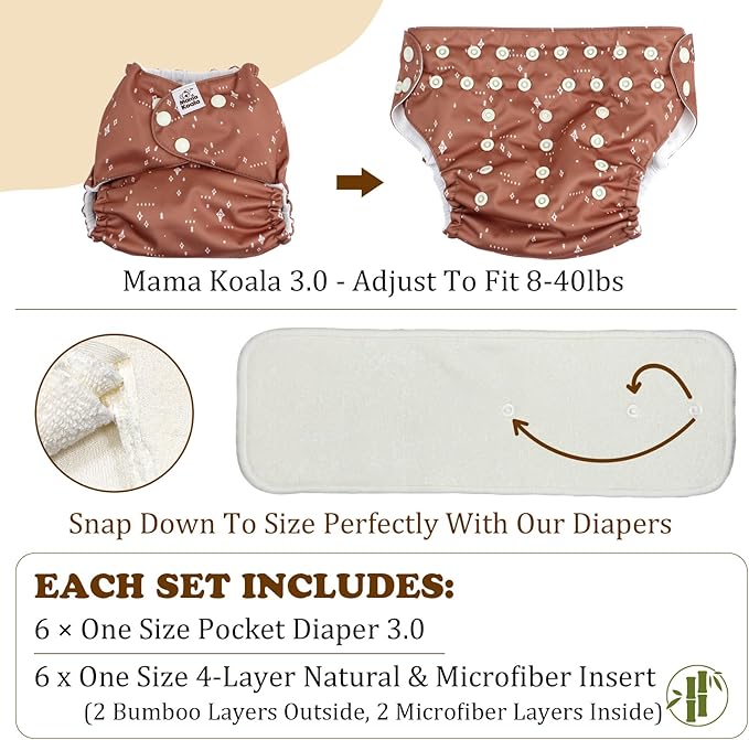 Mama Koala 3.0 Pocket Cloth Diapers for Babies with AWJ Lining, 6 Pack with 6 4-Layer Natural Cloth Diaper Inserts - Reusable and Washable Pocket Diapers(Neutral Leave)