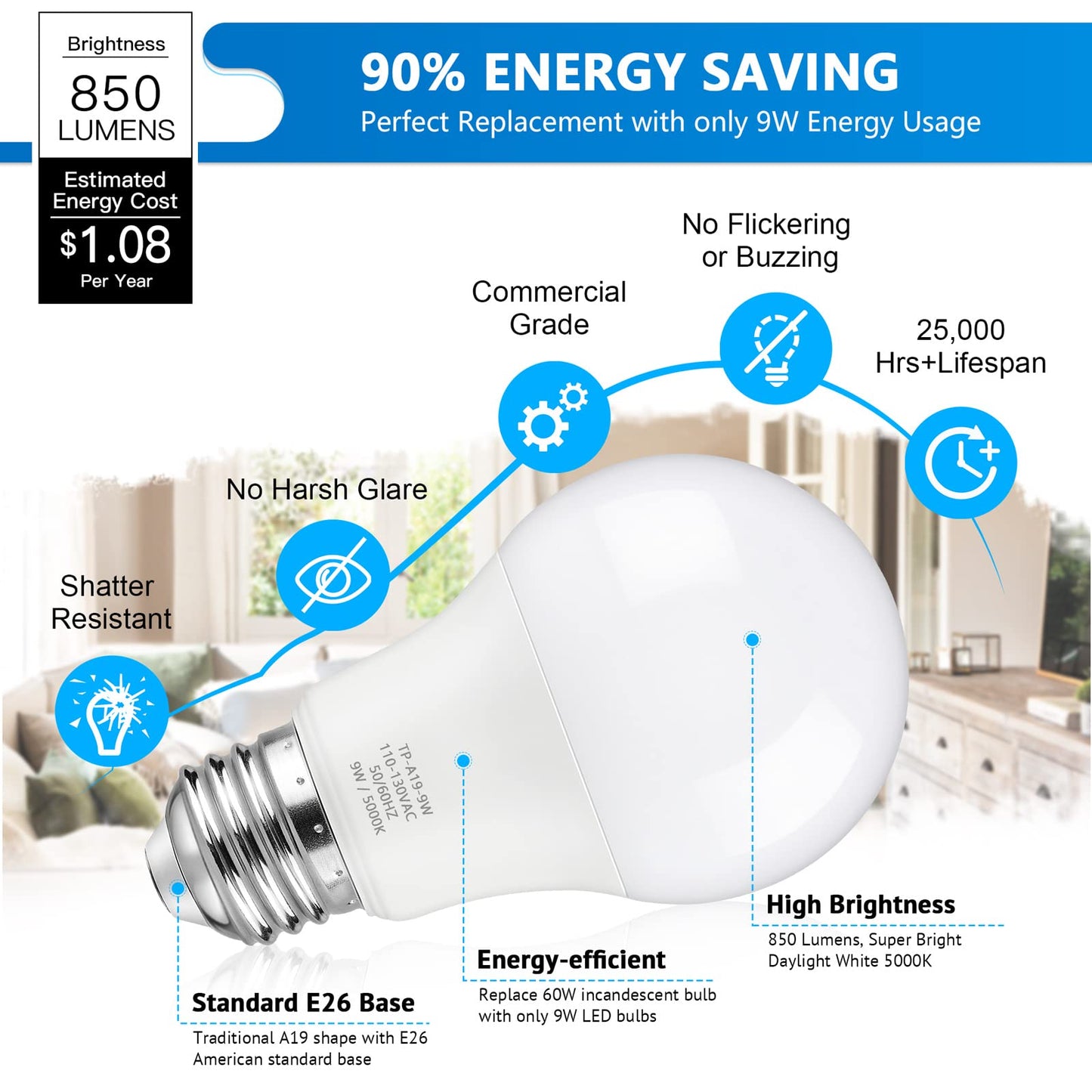 Maylaywood A19 LED Light Bulbs, 60 Watt Equivalent LED Bulb, Daylight White 5000K, 850 Lumen, E26 Base, Non-Dimmable, 9W Bright White LED Bulb, 4-Pack