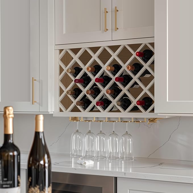 Solid Wood RTA Wine Bottle Rack and Wall Cabinet with Lattice Panels - Wine Storage for Bar, Pantry, and Basement - Mocha (Origami White, 30'W 12'D 18'H)