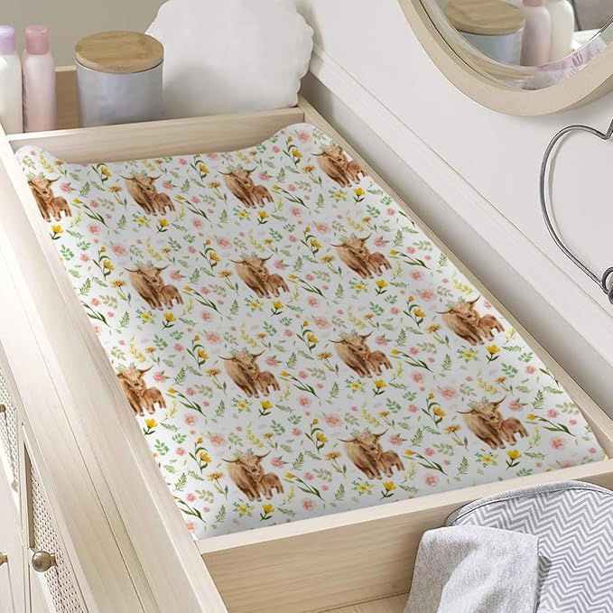 Highland Cows Retro Flowers Leaves Changing Pad Cover Farm Yak Floral Diaper Change Table Covers for Girls Boys Soft Stretch Fitted Changing Table Mats Sheets 32''x16''
