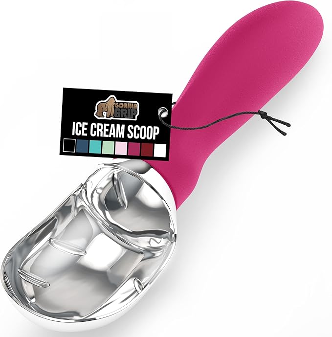 GORILLA GRIP BPA-Free Heavy Duty Ice Cream Scoop, Comfortable Ergonomic Handle, Professional Grade Scooper, Perfect Round Scoops, Spoon Frozen Hard Gelato, Sorbet, Cookie Dough, Kitchen Tool, Hot Pink