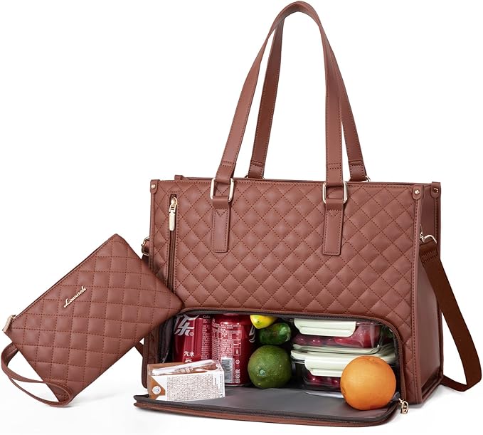 LOVEVOOK Lunch Tote Bag for Women, 15.6 Inch Laptop Bag with Insulated Lunch Compartment, Quilted Large Capacity Computer Handbag with Purse for Business, Work, Nurse, Collage, Office, Casual, Brown