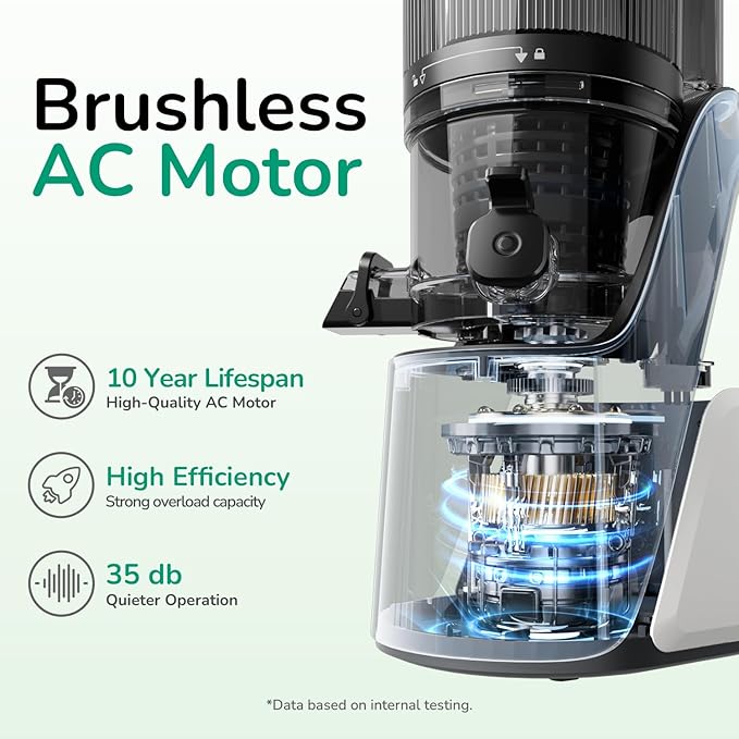 Canoly C16 Cold Press Juicer, with a 6" Wide Chute & Self-Precut, 3-in-1 Strainers (Juice & Sorbet & Nut Milk), BPA-Free Construction, Powered by a AC Brushless Motor (Pearl White)
