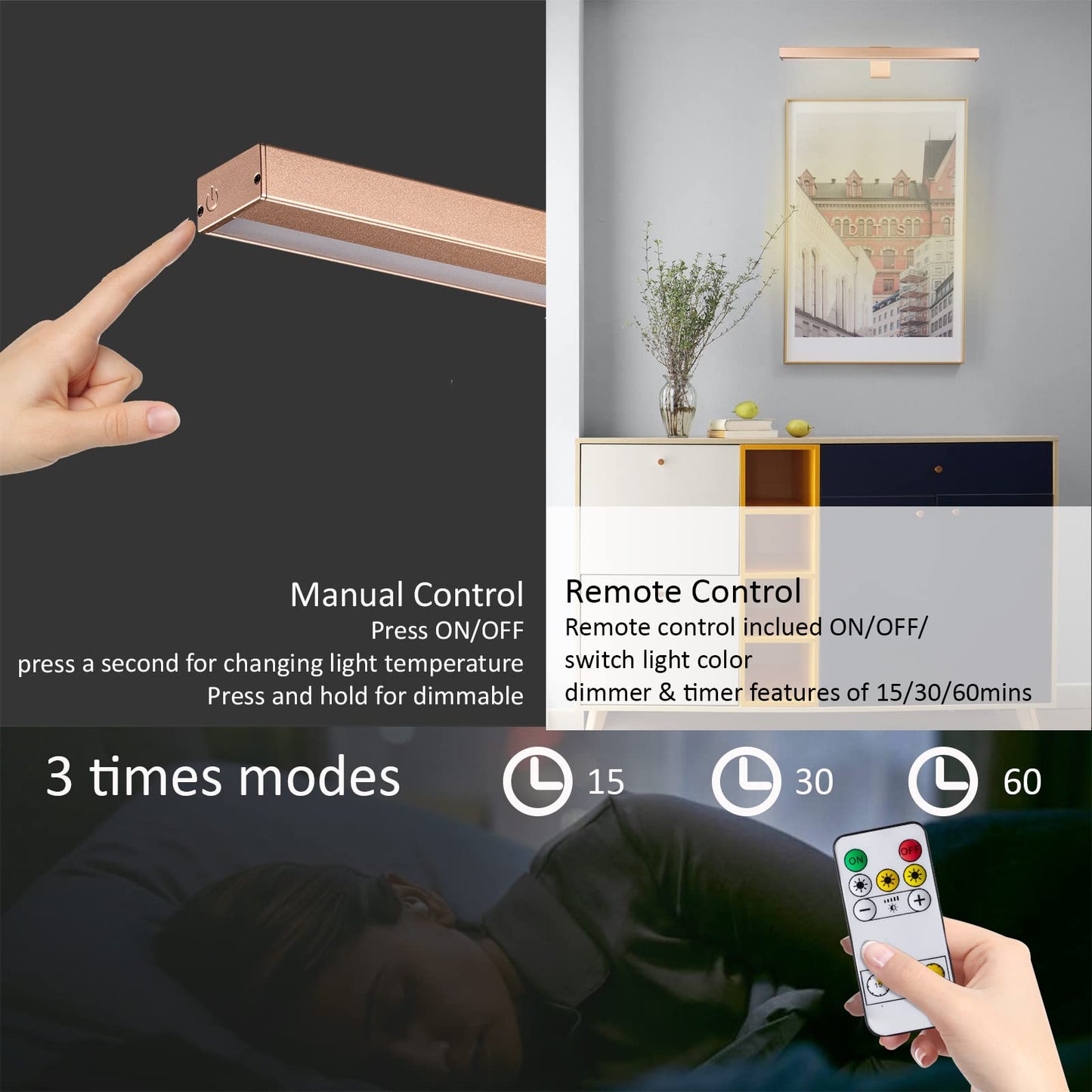 Mioblue Wireless Picture Light, 16In Rechargeable Metal Lamp, Rose Gold, 3 Modes, Remote Control For Art Display, Model Us-Mob-Hd-Gold-Gm
