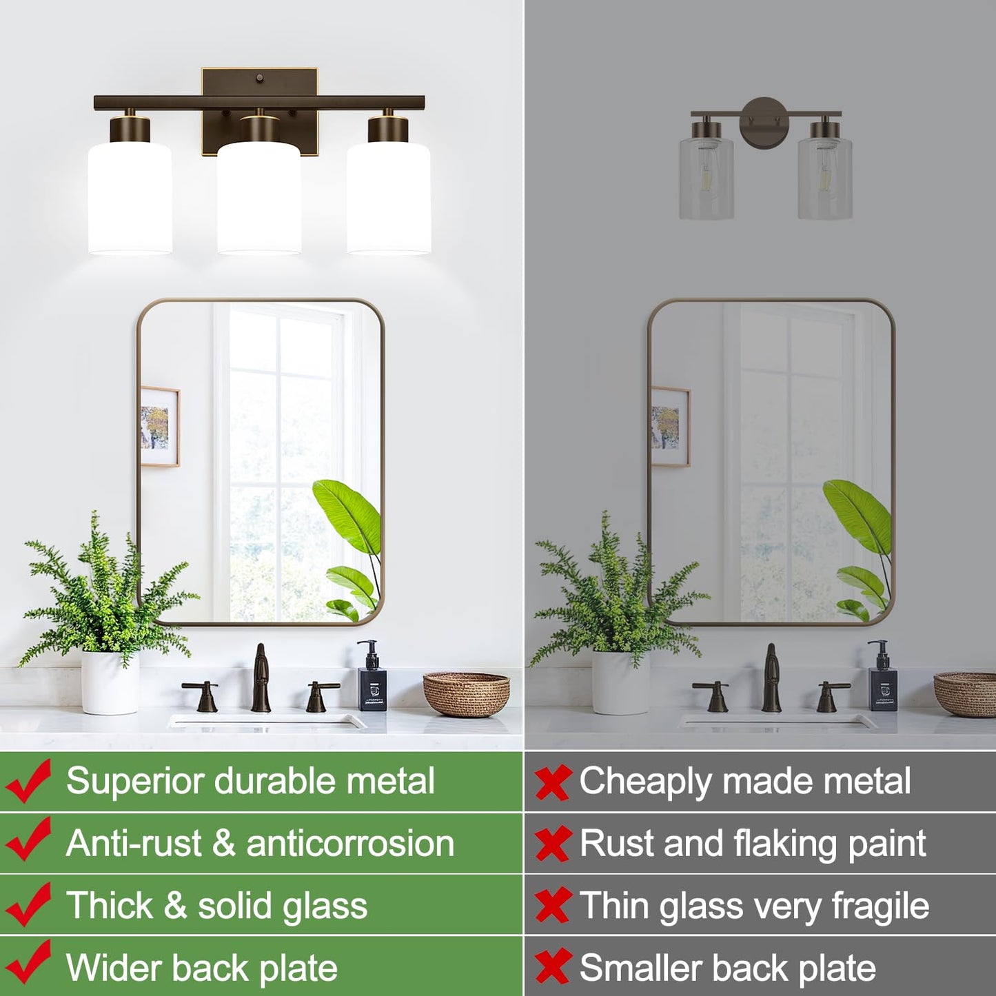 3-Light Bathroom Light Fixtures  Brown And Gold Vanity Light With Milky White Frosted Glass Shades  Modern Vanity Lighting Fixtures For Bathroom  Mirror  Bedroom  Hallway  Living Room
