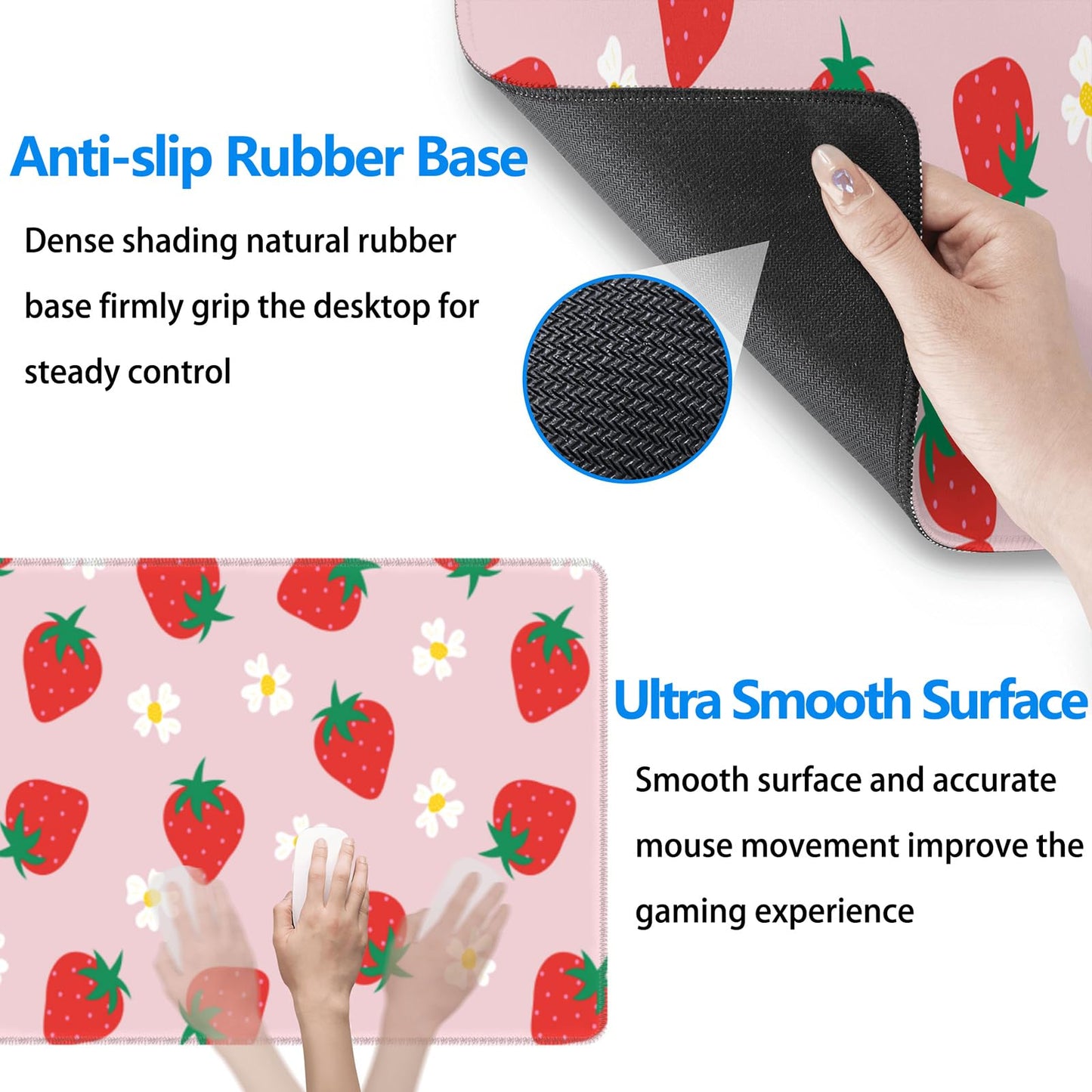 Cute Strawberry Extended Gaming Mouse Pad XL Kawaii Pink Large Mouse Pad 31.5x11.8in 3mm Non-Slip Rubber Base Pink Mousepad Stitched Edges Keyboard Mouse Mat Desk Pad for Women Office Gaming Decor
