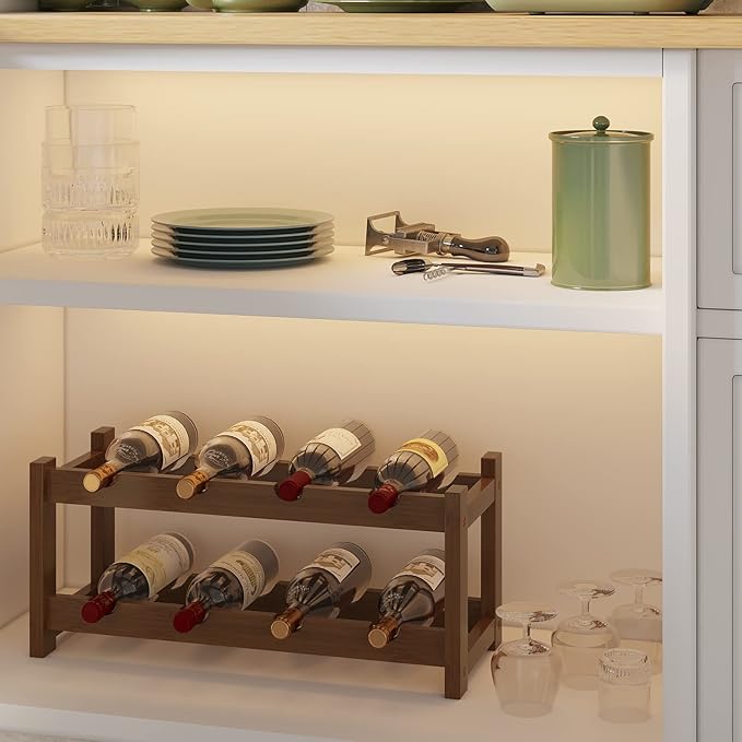 BAMEOS Bamboo Wine Rack, 2 Tier Wine Racks Countertop Storage, Wine Bottle Holder Wine Rack freestanding Floor for Kitchen, Bar, Pantry, Wine Cellar, Basement,Study，Maroon (16.85 L x 9.25W x 7H)