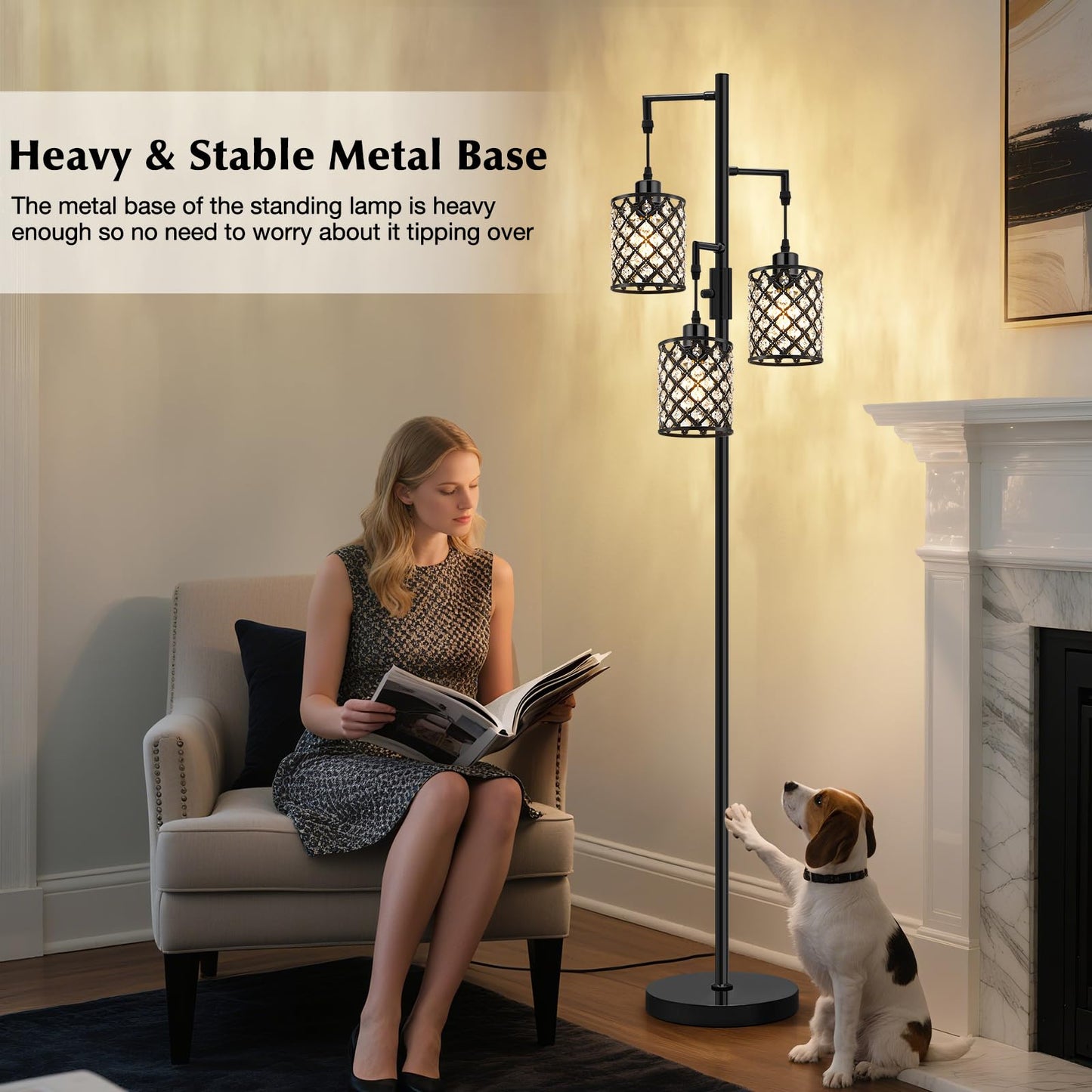 GyroVu 3-Light Floor Lamp with K9 Crystal Shade, Black Metal, Model G-1FL-1769C, Modern Design for Living Room and Home Office