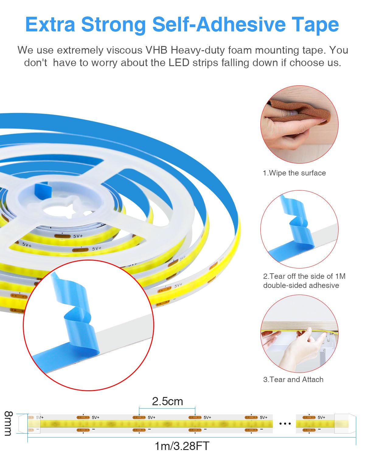 Aclorol Cob Led Strip Light 5V Usb 1M/3.28Ft Warm White 3000K Flexible Led Tv Backlight With Self-Adhesive 8Mm Width For Bedroom Bedframe Kitchen Sideboard Lighting Project Cri90+ 320Leds/M (2 Pack)