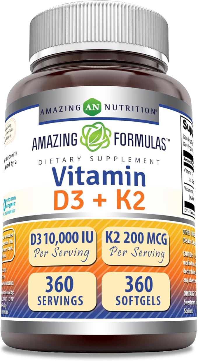 Amazing Formulas Vitamin D3 10000 IU with Vitamin K2 200 Mcg | D3 + K2 Complex Supplement | Non-GMO | Gluten-Free | Made in USA (1 Pack, 360 Count)