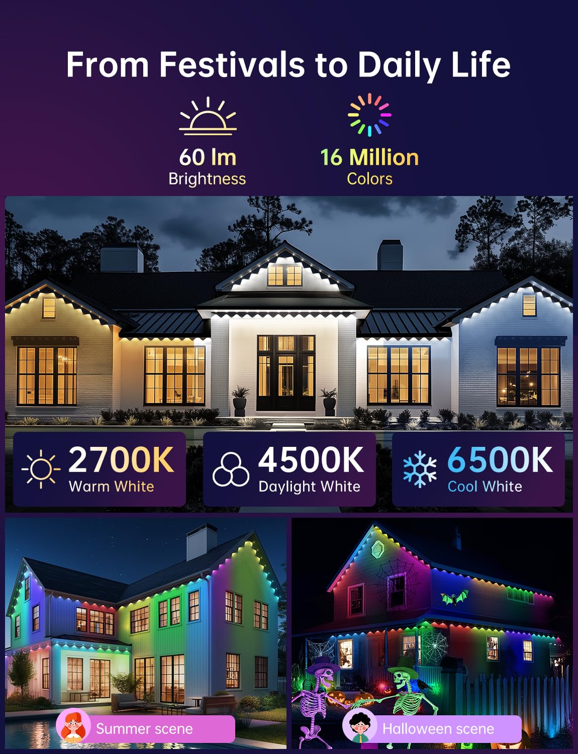 lemonlovely Permanent Outdoor Lights, 150ft, IP67 Waterproof, RGB & White, Smart LED Decor, Model 2323