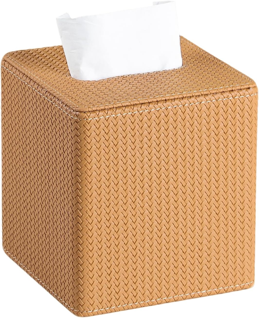 PU Leather Tissue Box Cover with Magnetic Closure, Modern Square Tissue Box Holder Decorative Organizer for Bathroom Vanity Countertop, Night Stands Bedroom Office Desk (Woven Camel)