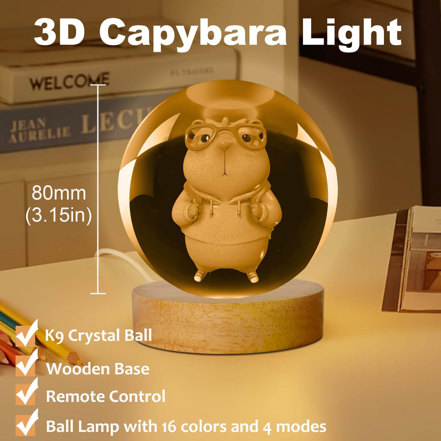 Linsina Dragon Lamp  3.15In 16 Colors Crystal Ball Night Light With Wooden Base And Remote Control  Birthday Gift And Dragon Gifts For Women Men Kids (Capybara)