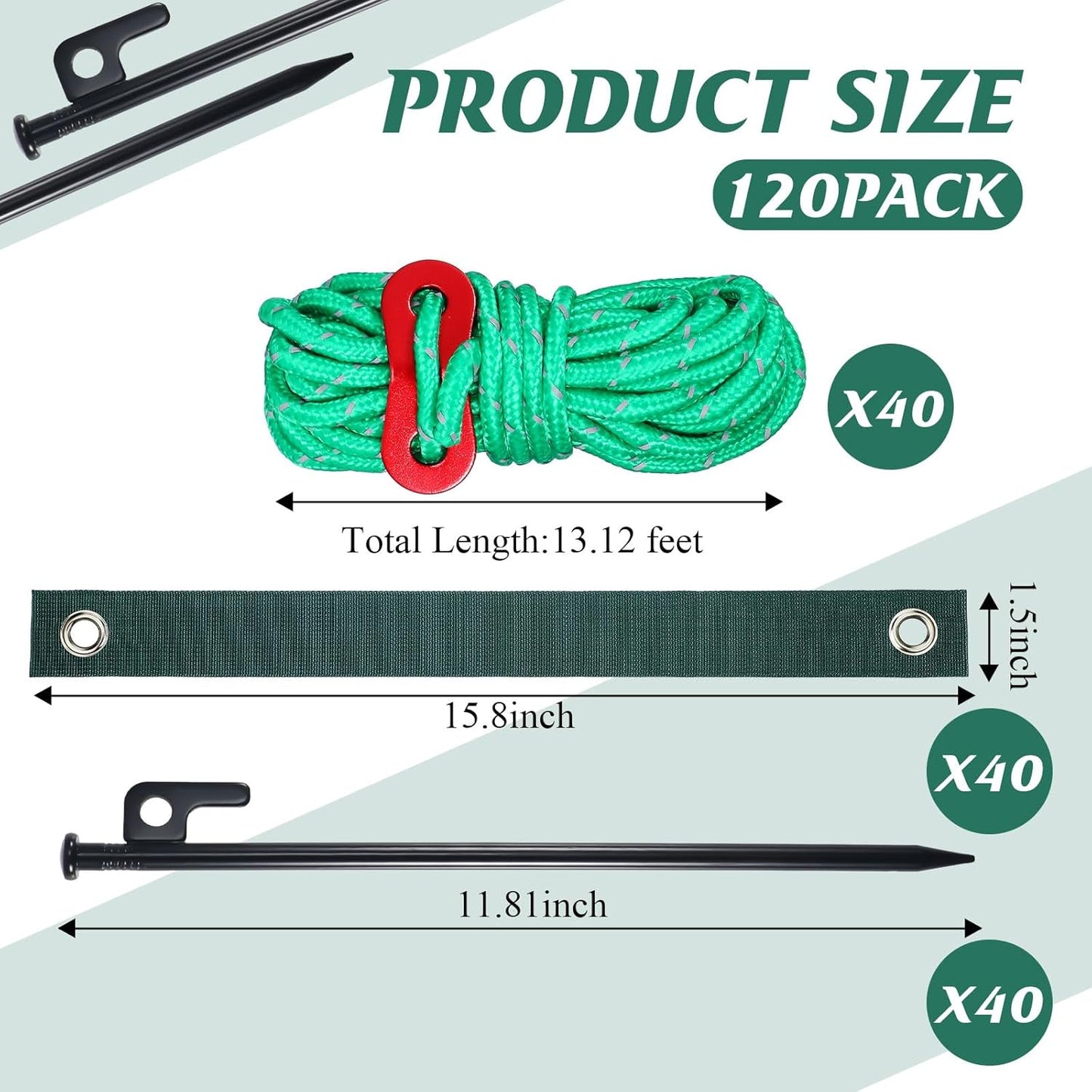 Suzile 120 Pcs Tree Stake Kit, Heavy Duty Tree Staking and Supports for Leaning Trees Include 11. 8'' Steel Stakes 15. 8'' Support Straps 13. 12 ft Ropes for Anchoring Hurricane Protection (Green)