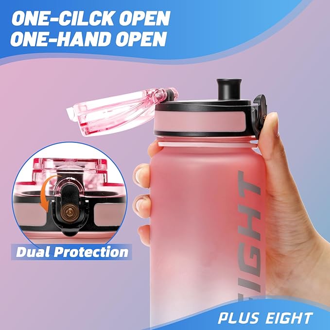 Sports Water Bottle, 32 oz Motivational Water Bottles with Time Marker to Drink, Leak-Proof Tritan BPA-Free with Carrying Strap for Women Men Gym Fitness Outdoor (Pink Blue)