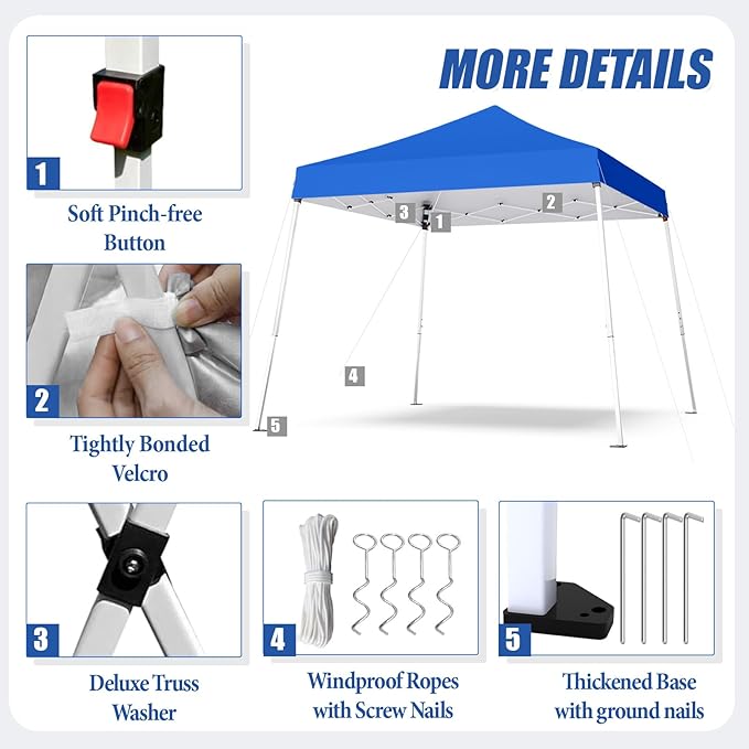 10x10 Pop Up Canopy, 300D Silver Coated Blue Fabric Outdoor Gazebo, Beach Tent Slant Legs with Storage Bag,Easy Up Sun Shade Shelter Tents with 8x8 Top Cover for Patio,Party