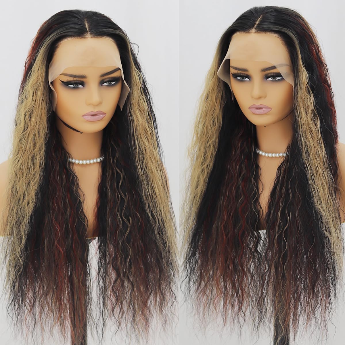SISIFIRE Burgundy Highlight Lace Front Wig Preplucked Water Curly Wave Synthetic Lace Front Wigs for Women Heat Resistant Fiber