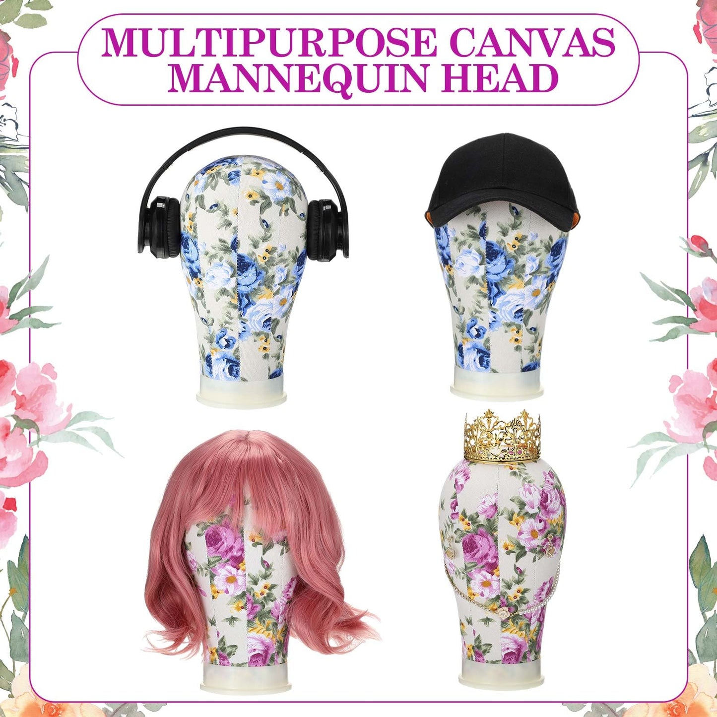 DoubleFill 2-Piece Mannequin Heads for Wigs - 22 Inch Canvas Wig Heads with Mount Hole Pins & 2 C Clamp Stand Holder for Lace Wi