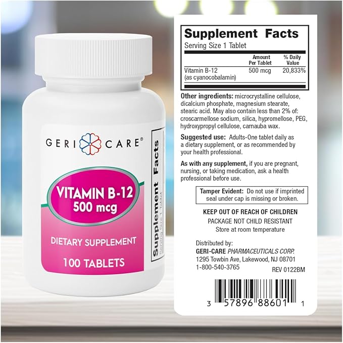 GeriCare Vitamin B-12 500mcg Tablets – Supports Healthy Energy Levels, Brain Function & Circulatory Health – Trusted Supplement for Daily Wellness – 100 Count