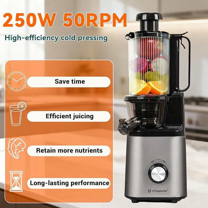 Cold press juicer machines，HYSapientia Electric masticating slow juicer for vegetable and fruit,Powerful Motor,Self Precut System,Easy to Clean,High Juice Yield,Juice & Fruit Purée Gelato Strainers