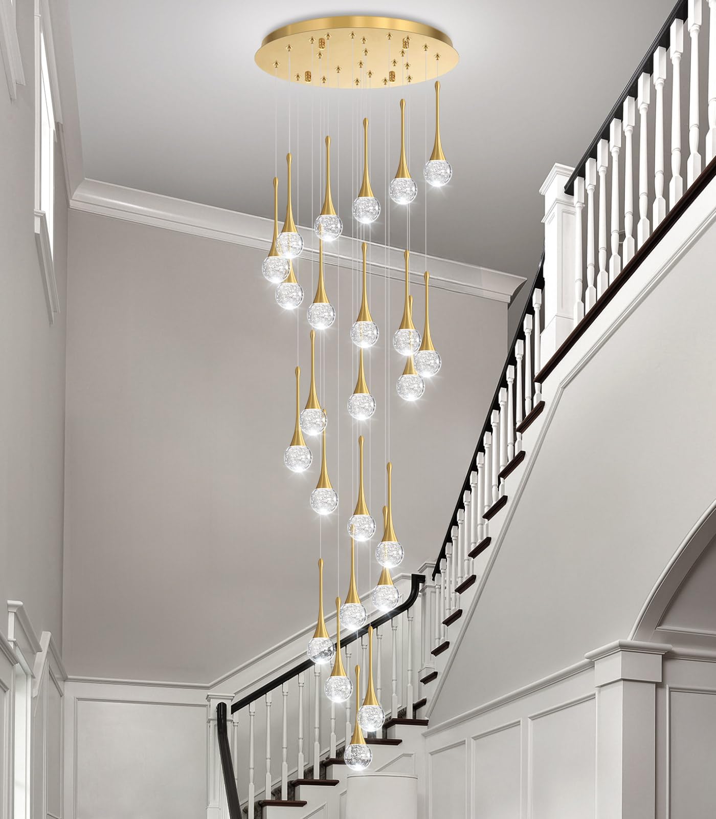 24 Light Modern Glam Crystal Chandelier For High Ceiling Led Dimmable Ceiling Pendant Light Staircase Foyer Enterway Living Room Chandelier Lighting Antique Gold