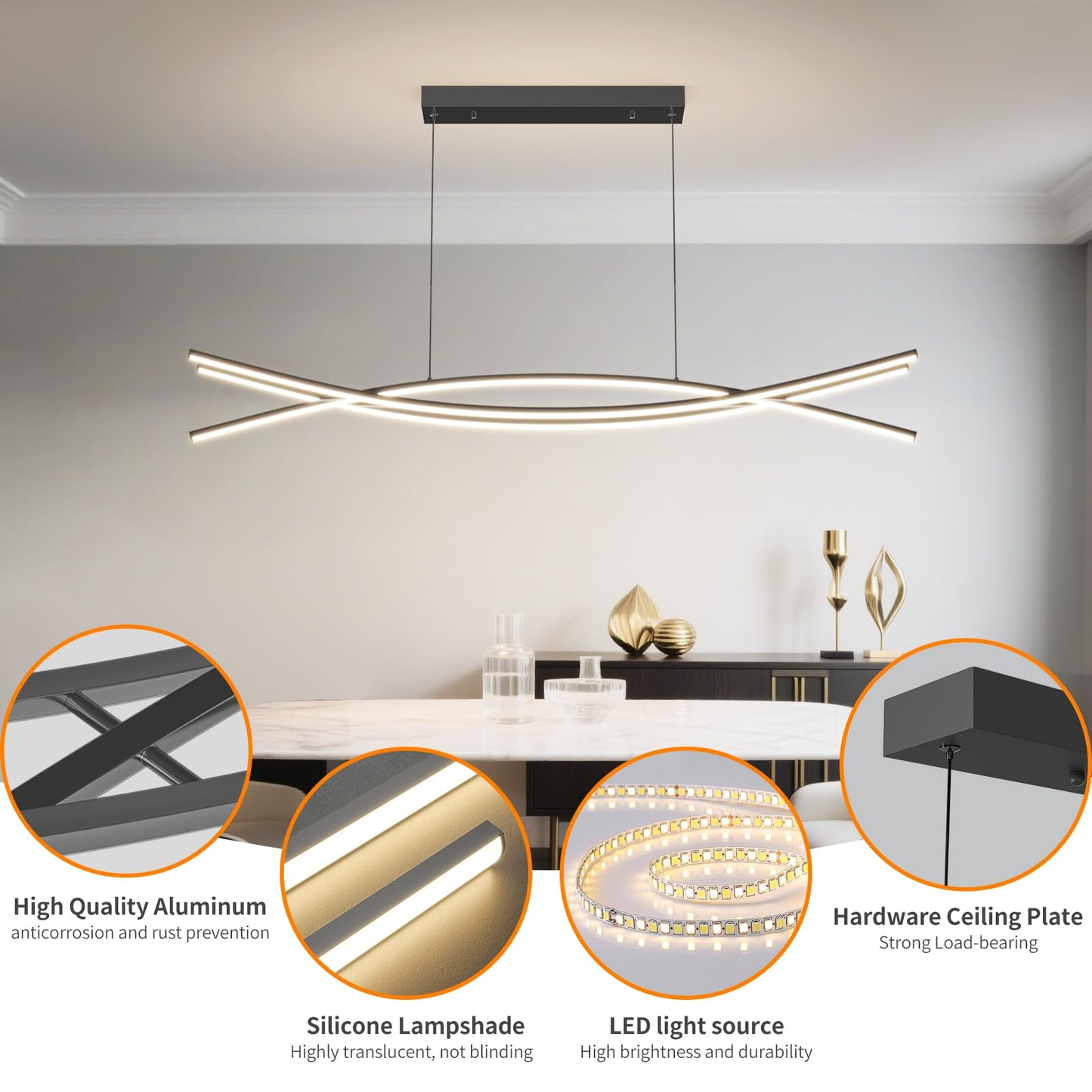 Mikeru Modern Ceiling Chandelier Light 47in Aluminum Pendant with Remote Control, Adjustable Color Temperature, Black