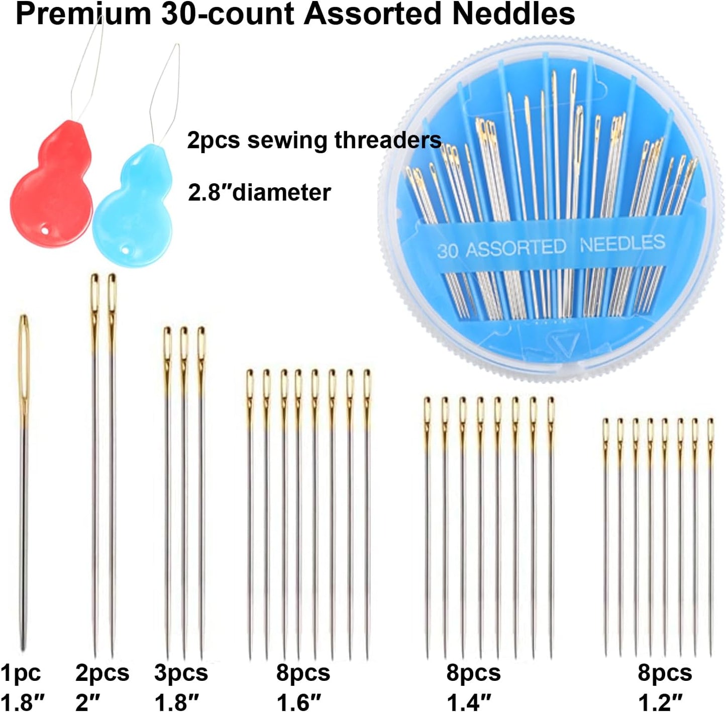 Eketirry Premium Hand Sewing Needles，4 Pack 30-Count Assorted Needles for Sewing Repair, 6 Different Sizes Sewing Needles with 2 Threaders (Blue, 4)