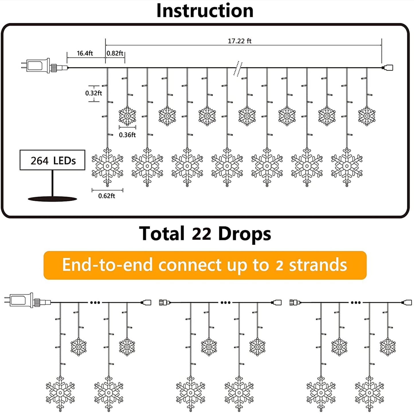 Jnaurb Christmas Snowflake Lights, 17.22Ft 264 Led, Waterproof, 8 Modes, White Decor For Indoor & Outdoor