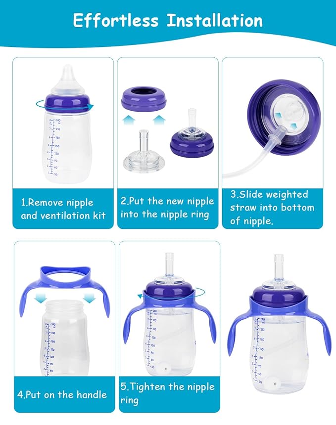 Straw Cup Soft Spout Conversion Kit for Lansinoh Baby Bottle, Toddler Transition Kit with Silicone Straw Top Nipple, Weighted Straw, Bottle Handle, Cleaning Brush, 3 Pack, 8m+