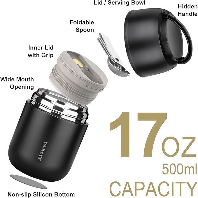 Insulated Soup Thermo 17oz - Stainless Steel Vacuum Lunch Box for Adults, Kids Leakproof Hot Food Container with Handle Folding Spoon (School Office Outdoor)