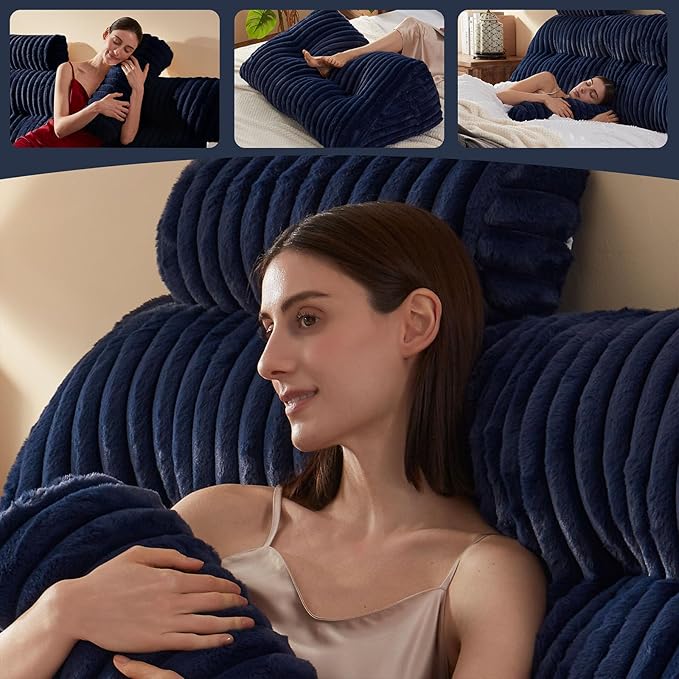 Faux Fur Headboard Pillow with 2 Pack Neck Roll Pillow Large Headboard Pillow Soft and Supportive with Removable Cover (Blue, Twin)