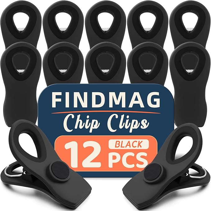 FINDMAG 12 Pack Magnetic Chip Clip, Bread Clips for Food Packages, Kitchen Clip with Magnet for Fridge, Plastic Assorted Colors Bag Clips for Chip Bags, Fridge, Kitchen Storage and Food Organization