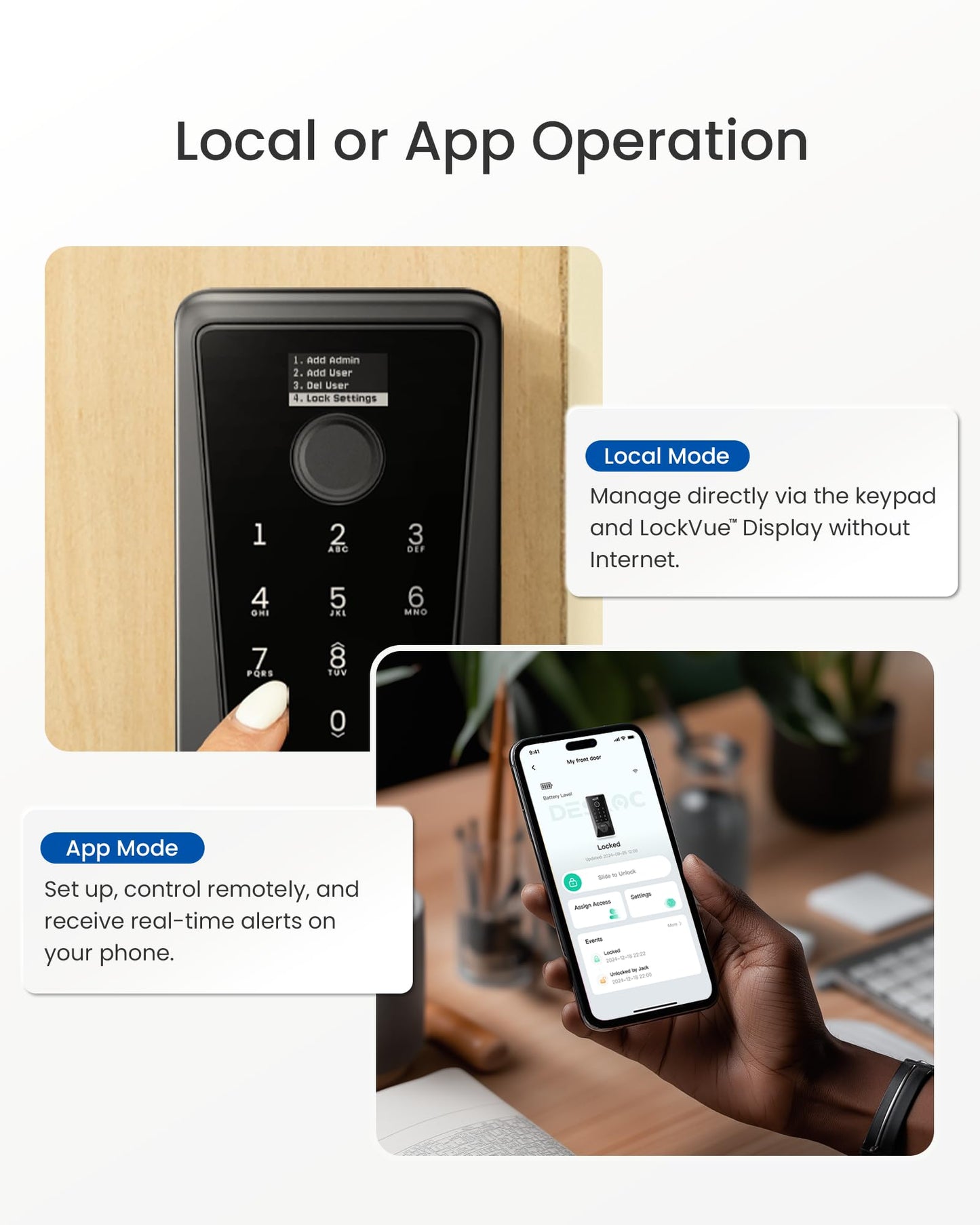 DESLOC Smart Lock D110 Plus, Fingerprint Keyless Entry Door Lock, Built-in Wi-Fi, App Remote Control, Smart Locks for Front Door, Keypad Deadbolt with LockVue Display, IP54, BHMA Grade 3, Black