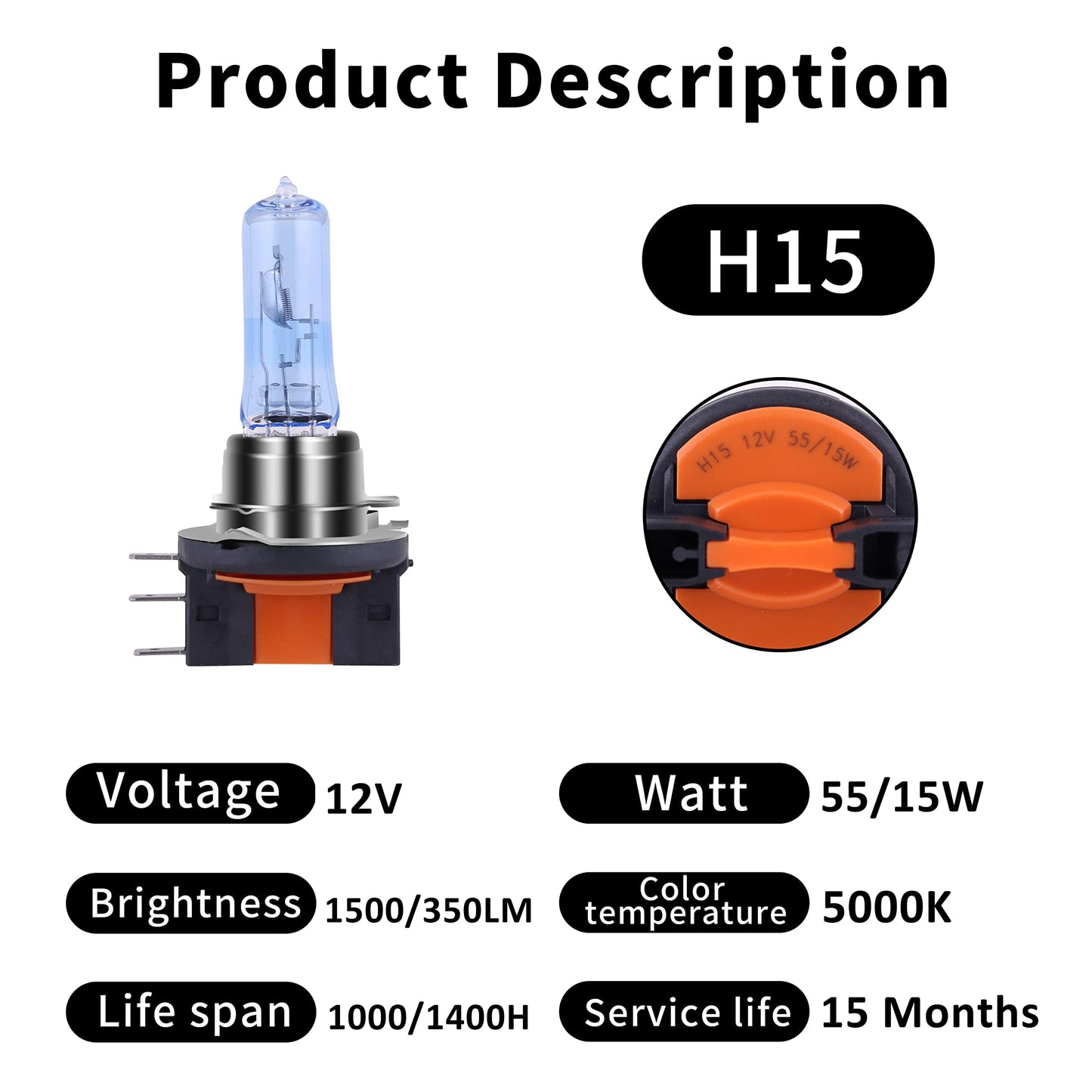 NEWBROWN H15 Halogen Headlight Bulb 12V 15/55W Super White Light 2 Pack, Glass, Yellow