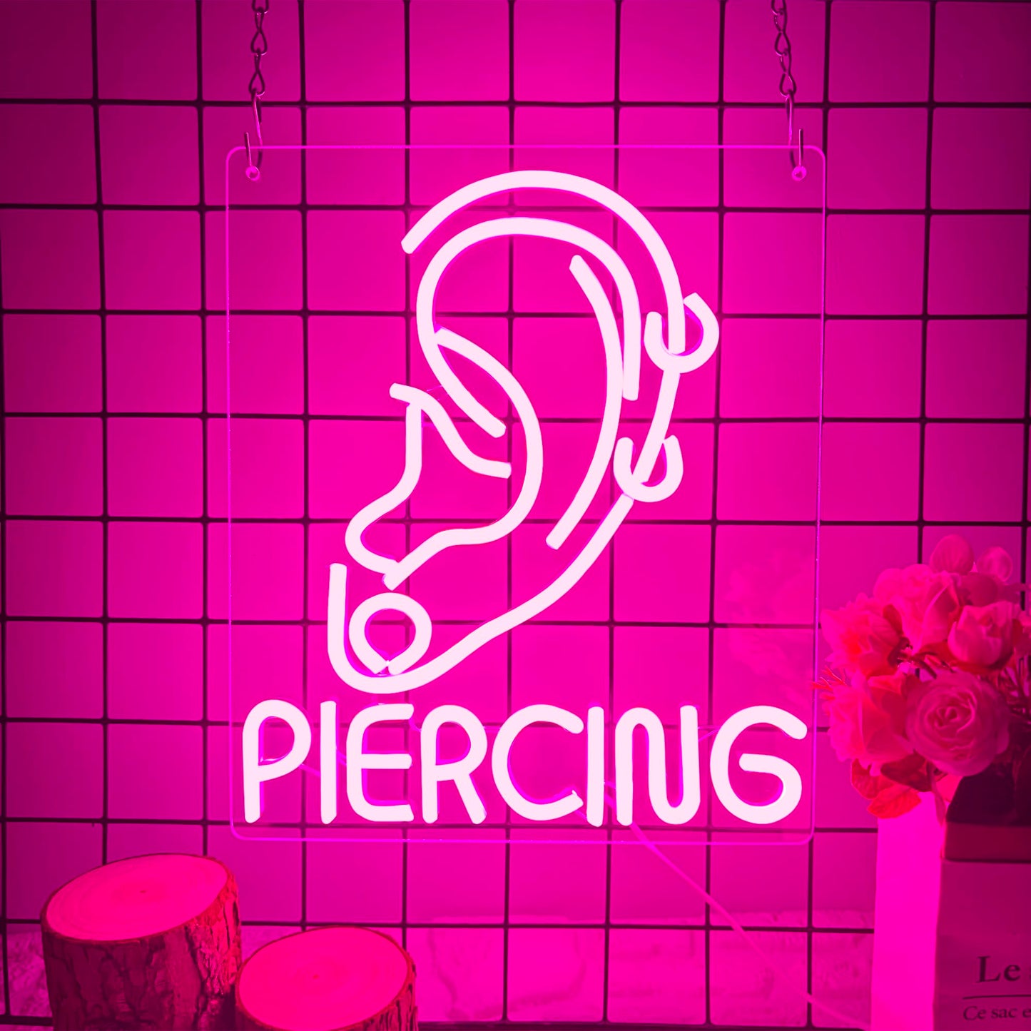 Ear Piercing Neon Sign, Cool Pink Dimmable LED Creative Ear Earring Neon Light, Tattoo Studio Barber Salon Massage SPA Shop Neon